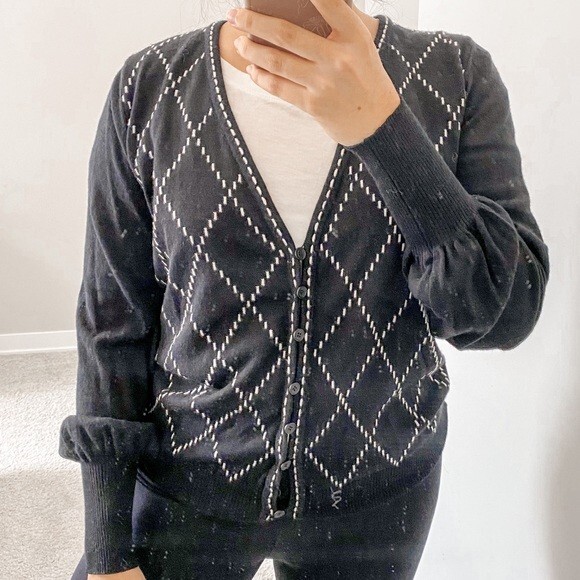 Escada Sweaters - Escada Wool Cardigan Sweater Black and White Argyle Button Front V-Neck 38